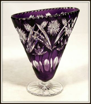 Splendid " Rare Purple Cut To Clear Bohemian Wide Crystal Vase " (8.  5 " H X 7.  5 " W)