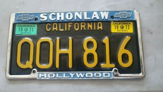 " Schonlaw Chevrolet " Hollywood - Vintage Rare Licence Plate Frame Corvette Camaro