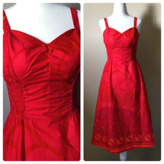Vintage 1960s 60s 70s Malihini Hawaiian Sun Dress Smocked Red Xs S