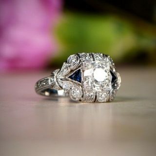 2.  95ct Round White Diamond In Certified 14k White Gold Art Deco Vintage Ring