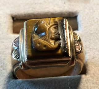 Antique 10k Yellow Gold Mn’s Tiger Eye Roman Soldier Cameo Ring,  Size 9.  5