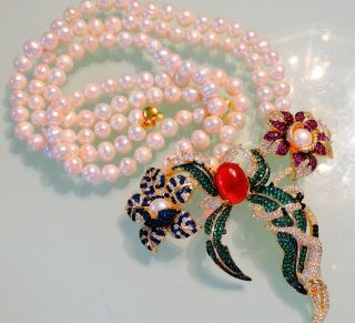Vtg 90s Pearl Ruby Gripoix Jeweled Crystal Flower Exotic Runway Necklace
