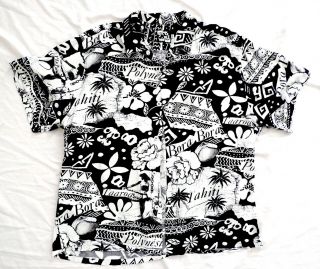 Vtg Jams World Rayon Hawaiian Shirt Xl Black Tahiti Bora Bora Tribal Islands