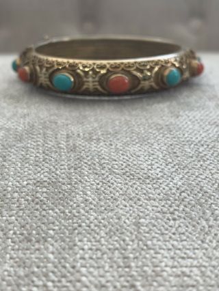 Vintage Chinese Ornate Sterling Silver Vemeil Coral & Turquoise Bangle Bracelet