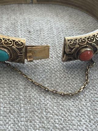 Vintage Chinese Ornate Sterling Silver Vemeil Coral & Turquoise Bangle Bracelet 3