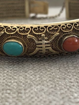 Vintage Chinese Ornate Sterling Silver Vemeil Coral & Turquoise Bangle Bracelet 5