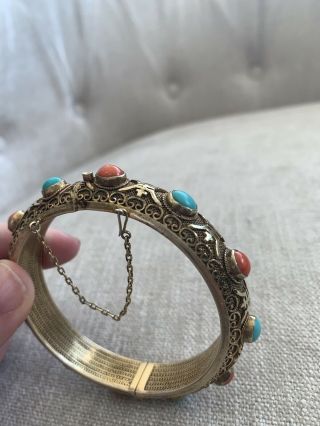 Vintage Chinese Ornate Sterling Silver Vemeil Coral & Turquoise Bangle Bracelet 6