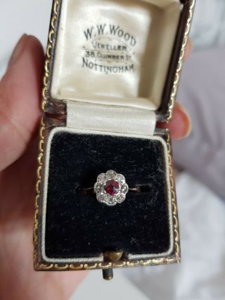 Antique Edwardian/ Art Deco Halo Ruby Paste Diamond Ring 4