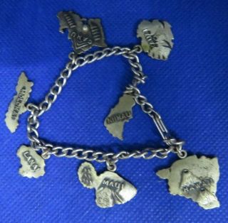 Vintage Hawaii Islands Charm Bracelet With Sterling Silver Charms 1950s/60s Cc