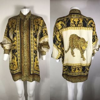 Rare Vtg Gianni Versace V2 Leopard Print Silk Shirt Xl