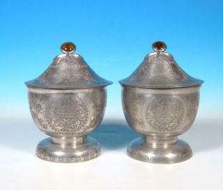 Chinese Pewter Pair Hand Chased Prunus Bats Cvd Bowls Peking Amber Glass Inserts