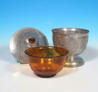 Chinese Pewter PAIR Hand Chased Prunus Bats Cvd Bowls Peking Amber Glass Inserts 2