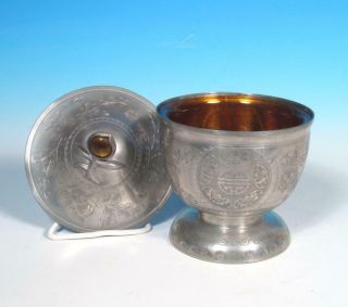 Chinese Pewter PAIR Hand Chased Prunus Bats Cvd Bowls Peking Amber Glass Inserts 4