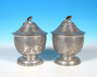Chinese Pewter PAIR Hand Chased Prunus Bats Cvd Bowls Peking Amber Glass Inserts 5