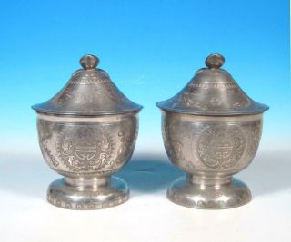 Chinese Pewter PAIR Hand Chased Prunus Bats Cvd Bowls Peking Amber Glass Inserts 6
