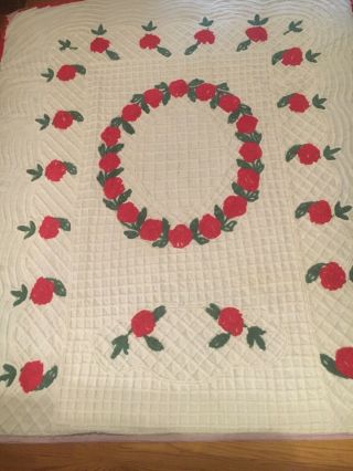 Vintage Chenille Bedspread Full Size Red Green Roses Egg White 101” X 87”