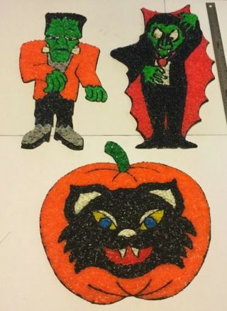 Vtg.  Popcorn Plastic Decorations Halloween Frankenstein,  Vampire,  Cat Pumpkin