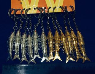 Pack Of 12 Vintage Articulated Fishes Key Rings (6 Gold Tone,  6 Silver Tone)