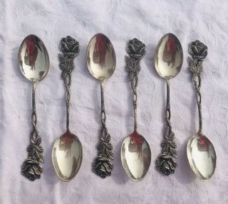 Set Of 6 Vintage 800 Silver Antiko Demitasse 4 " Figural Rose Spoons