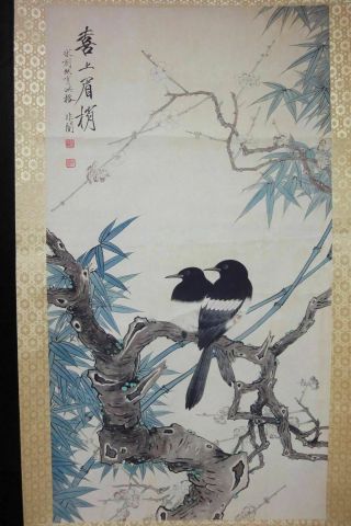 Very Large Old Chinese Scroll Hand Painting Flowers And Birds Marked " Yufeian "