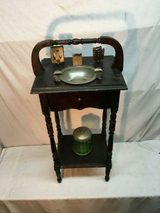 Vintage Wood Pipe Smoking Stand With Glass Ash Tray Humidor Pipe Night Stand