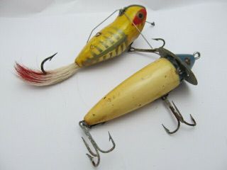 Two Vintage Heddon Fishing Lures.  Both Wooden.  210/glass Eyes,  Weedless Widow