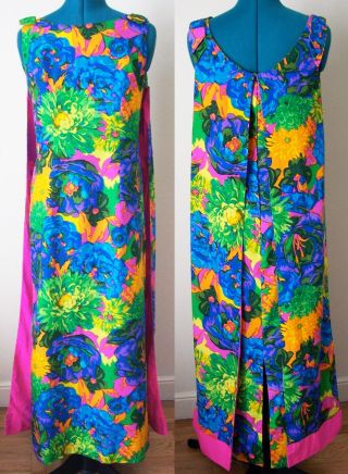 Vintage 1960s Casual Ceire Hawaiian Cotton Long Dress B38 Floral Back Panels