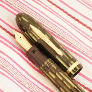 Vintage Conklin Nozac Crescent Green Striped Amber Semi - Transparent Fountain Pen