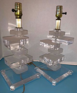Vintage Pair Mid Century Modern Stacked Lucite Table Lamps Clear & Frosted Brass 2