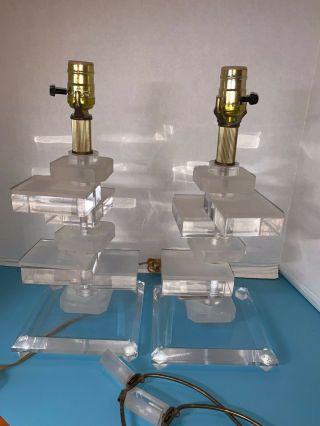 Vintage Pair Mid Century Modern Stacked Lucite Table Lamps Clear & Frosted Brass 3