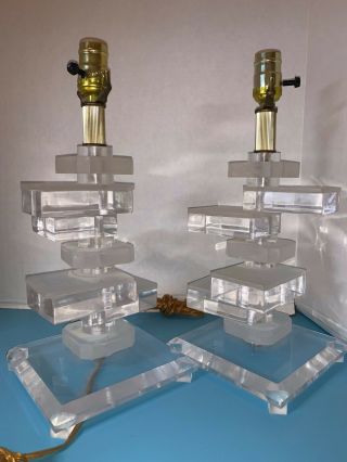 Vintage Pair Mid Century Modern Stacked Lucite Table Lamps Clear & Frosted Brass 5