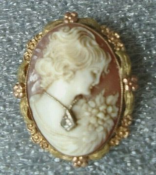 Fine Antique 10k Yellow Gold Shell Cameo Pin With Diamond