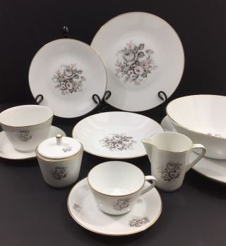 Vintage 25pc.  Hutschenreuther Germany Pink Gray Floral Gold Trim Dinnerware Set