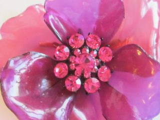 Huge Vintage Celluloid Flower Pin Brooch Hot Pink Fuchsia Purple Rhinestone Cntr