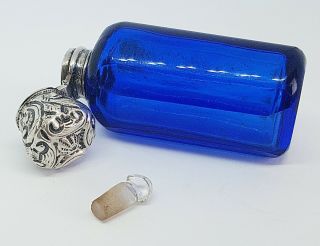 Lovely Victorian Solid Silver Repousse Lid And Blue Cut Glass Scent Bottle C1880