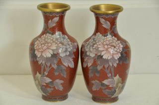 Vintage Chinese Import Cloisonne Vases With Birds & Flowers 9 - 1/4 