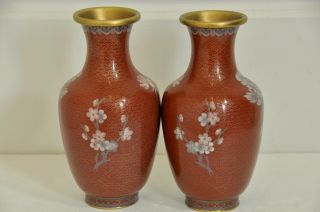 Vintage Chinese Import Cloisonne Vases With Birds & Flowers 9 - 1/4 