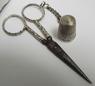 Rare Antique Solid Silver Chatelaine Sewing Scissors & Advertising Hovis Thimble