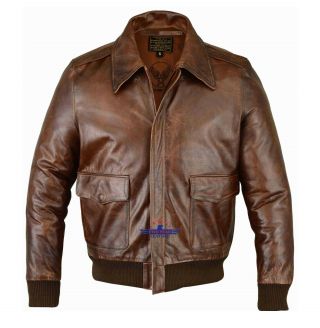Men A - 2 Real Leather Brown Aviator Pilot Bronco Jacket Fly Goatskin Bomber Wwii