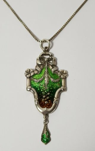Antique Solid Silver & Enamel Art Nouveau Pendant Necklace C1909 J Aitkin & Son