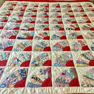 Vintage Red Grandma’s Fan Hand - Quilted Patchwork Quilt 67” X 73 - 1/2”