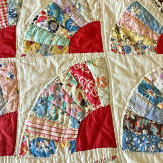 Vintage Red Grandma’s Fan Hand - Quilted Patchwork Quilt 67” x 73 - 1/2” 3
