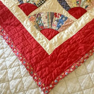 Vintage Red Grandma’s Fan Hand - Quilted Patchwork Quilt 67” x 73 - 1/2” 4