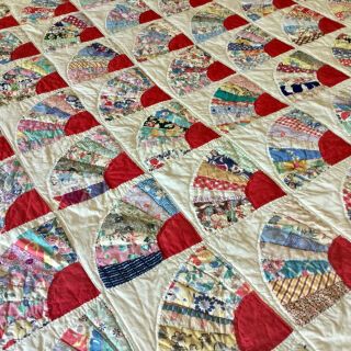 Vintage Red Grandma’s Fan Hand - Quilted Patchwork Quilt 67” x 73 - 1/2” 5