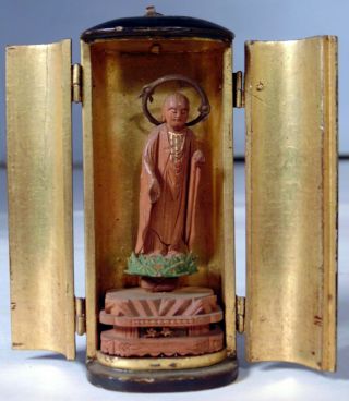 Japanese Miniature Wood Carved Buddhist Zushi Traveler Shrine Alter 1