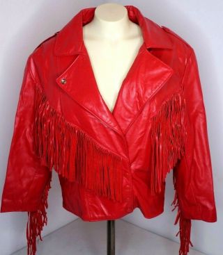 Vintage 80s Lariat Red Leather Fringe Cropped Western Motorcycle Jacket M