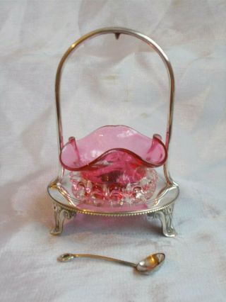 Antique Victorian Cranberry Glass Open Table Salt Silver Plated Stand And Spoon