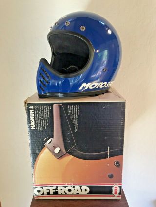 VINTAGE 1980 BELL MOTO3 HELMET BLUE ADULT SIZE 7 WITH BOX MORE 9