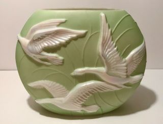 Vintage Marked Phoenix Art Glass Green Flying Geese Vase Monaca Pa Consolidated