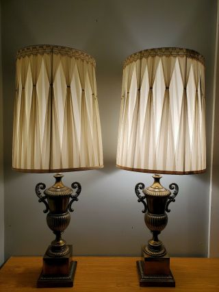 Pair Vintage Brass Table Lamps Hollywood Regency Mid Century 50s Retro